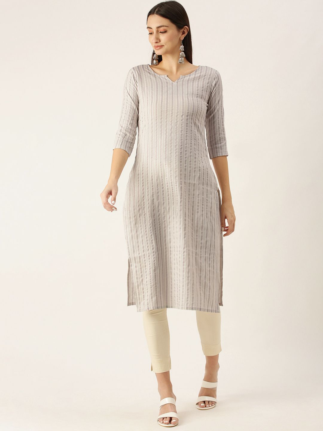 Saanjh Grey Striped Round Neck Straight Kurti