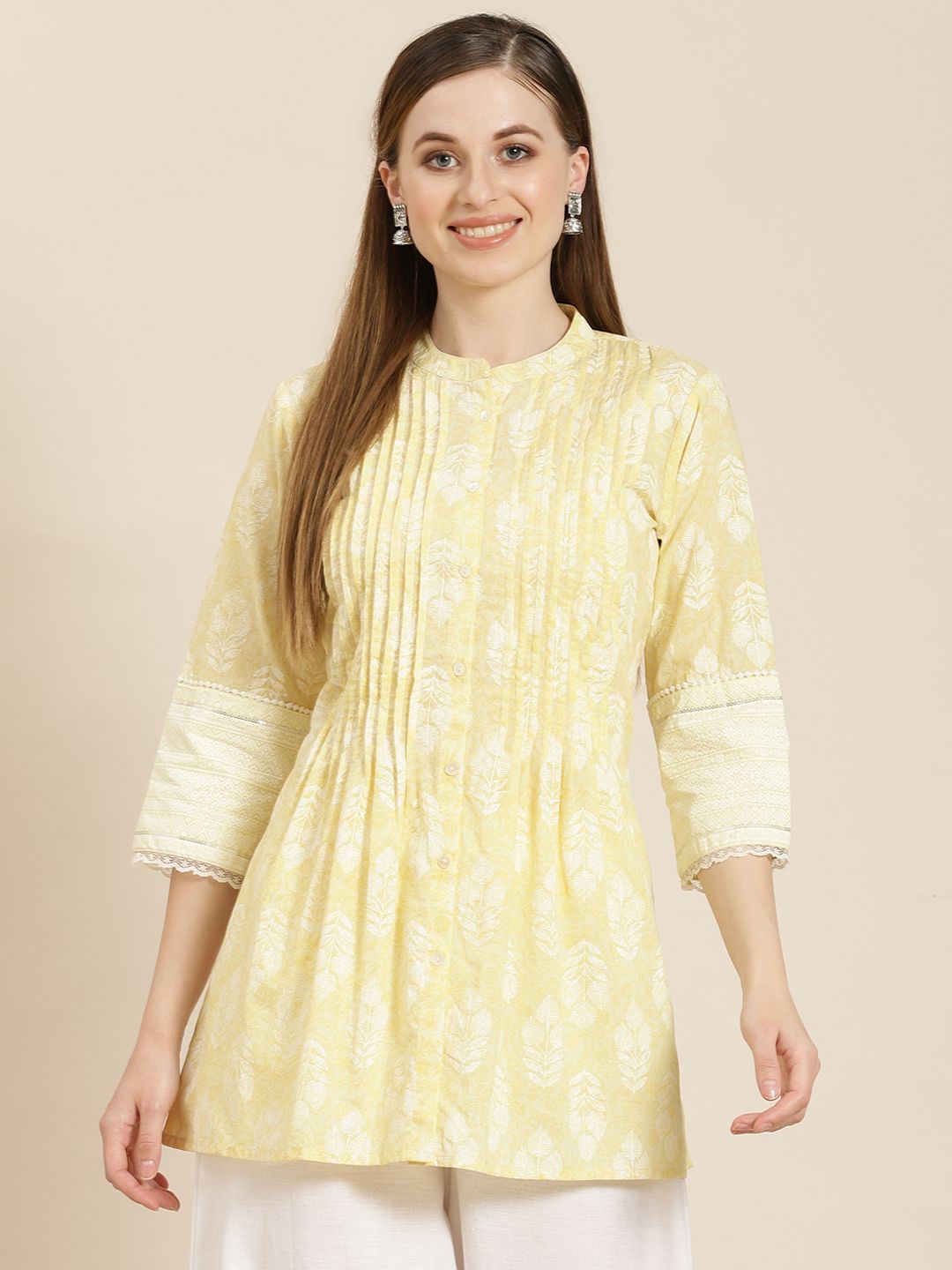 Juniper Yellow Mandarin Collar Printed Tunic Price in India