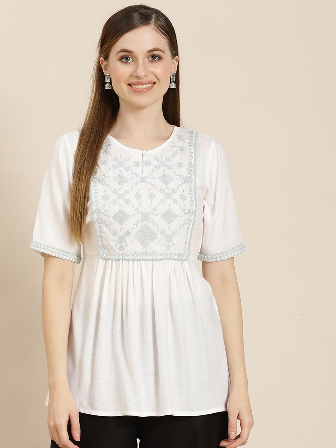 Juniper White & Blue Viscose Rayon Embroidered Tunic Price in India