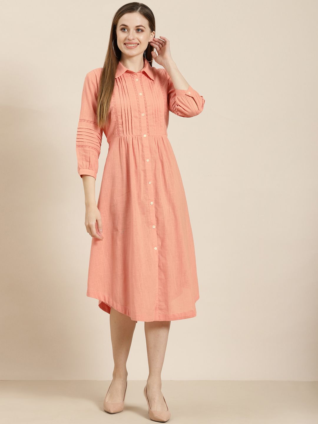 Juniper Peach-Coloured Shirt Collar Bishop Sleeves Gathered or Pleated Cotton Slub Empire Price in India
