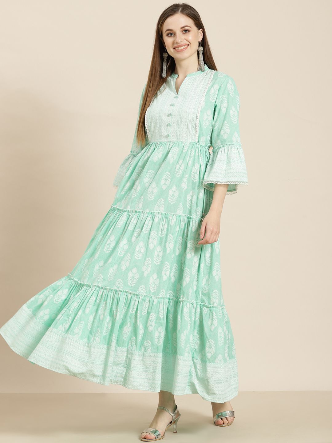 Juniper Women Green & White Ethnic Motifs Printed Tiered Maxi Dress Price in India