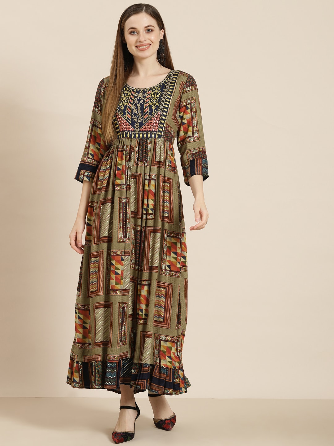 Juniper Multicoloured Abstract Printed Round Neck Gathered or Pleated Rayon Empire Dress Price in India