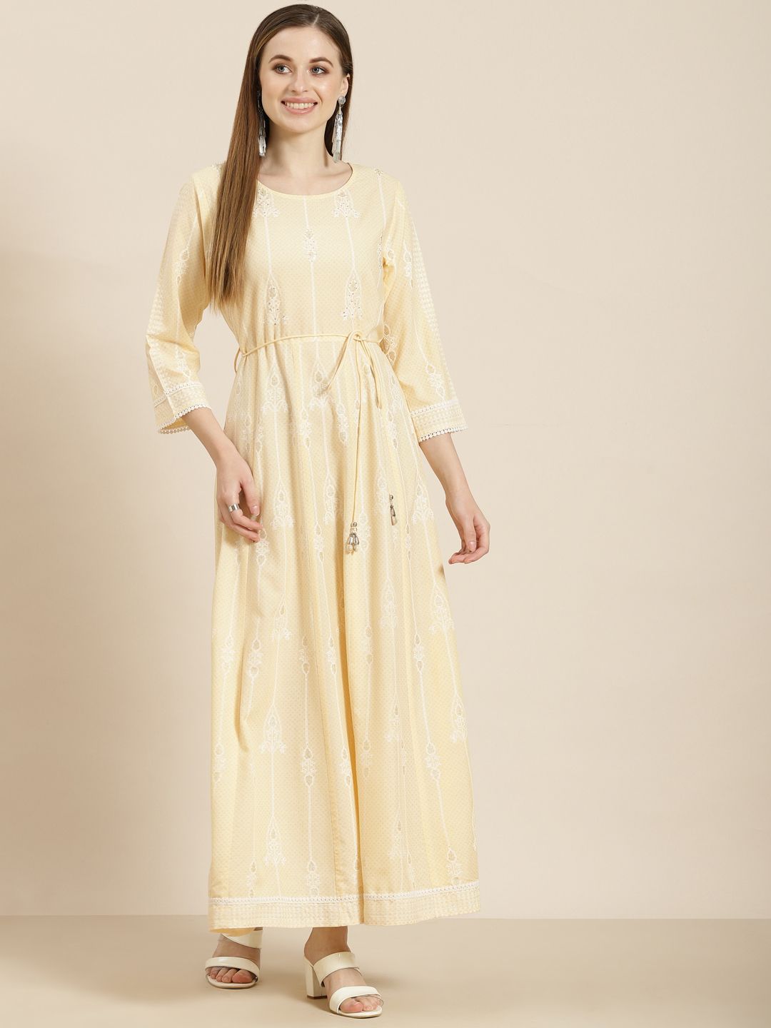 Juniper Yellow & White Ethnic Motifs Printed Liva Anarkali Dress Price in India