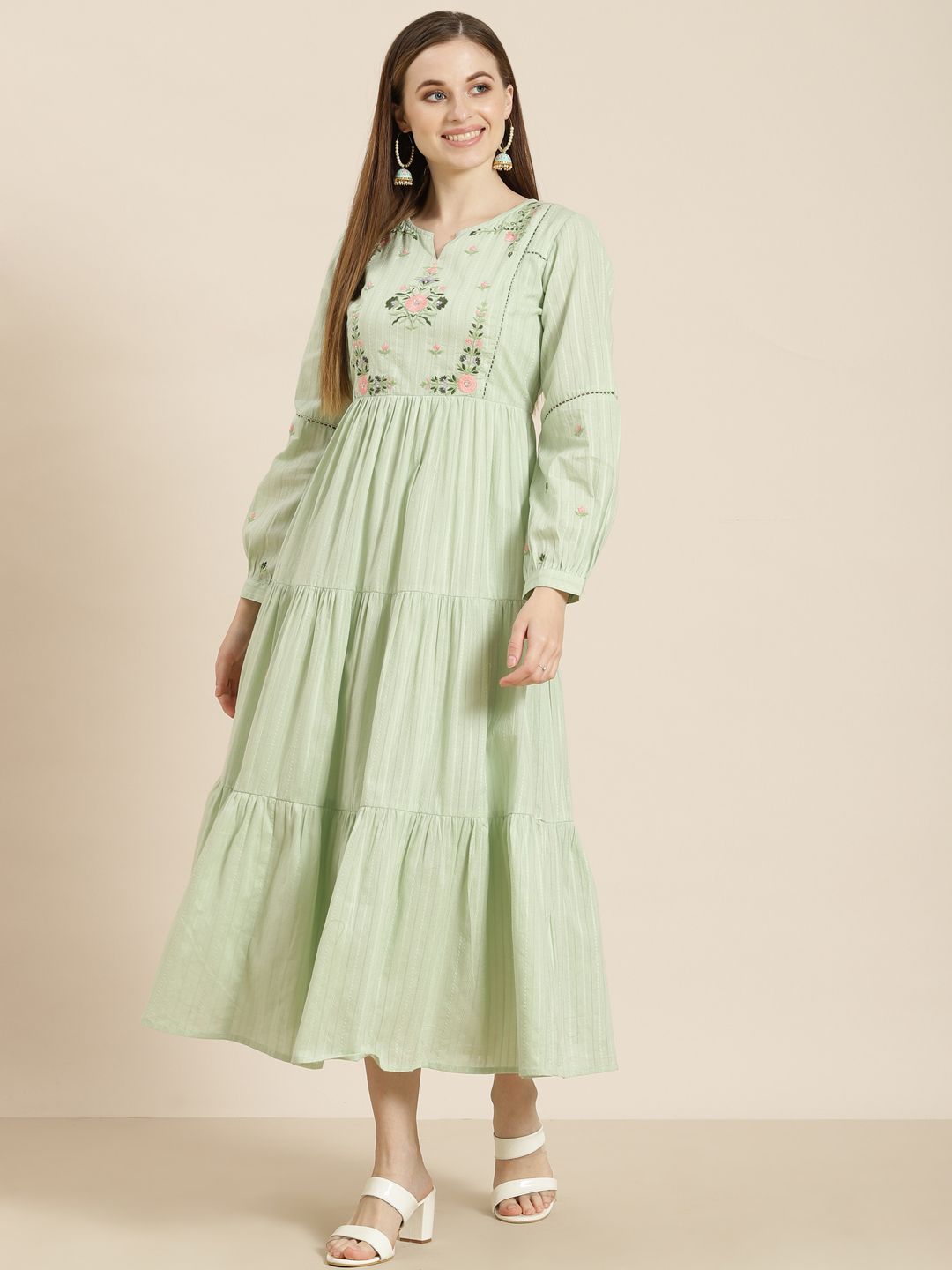 Juniper Women Pastel Green Cotton Dobby Embroidered Tiered Ethnic Maxi Dress Price in India