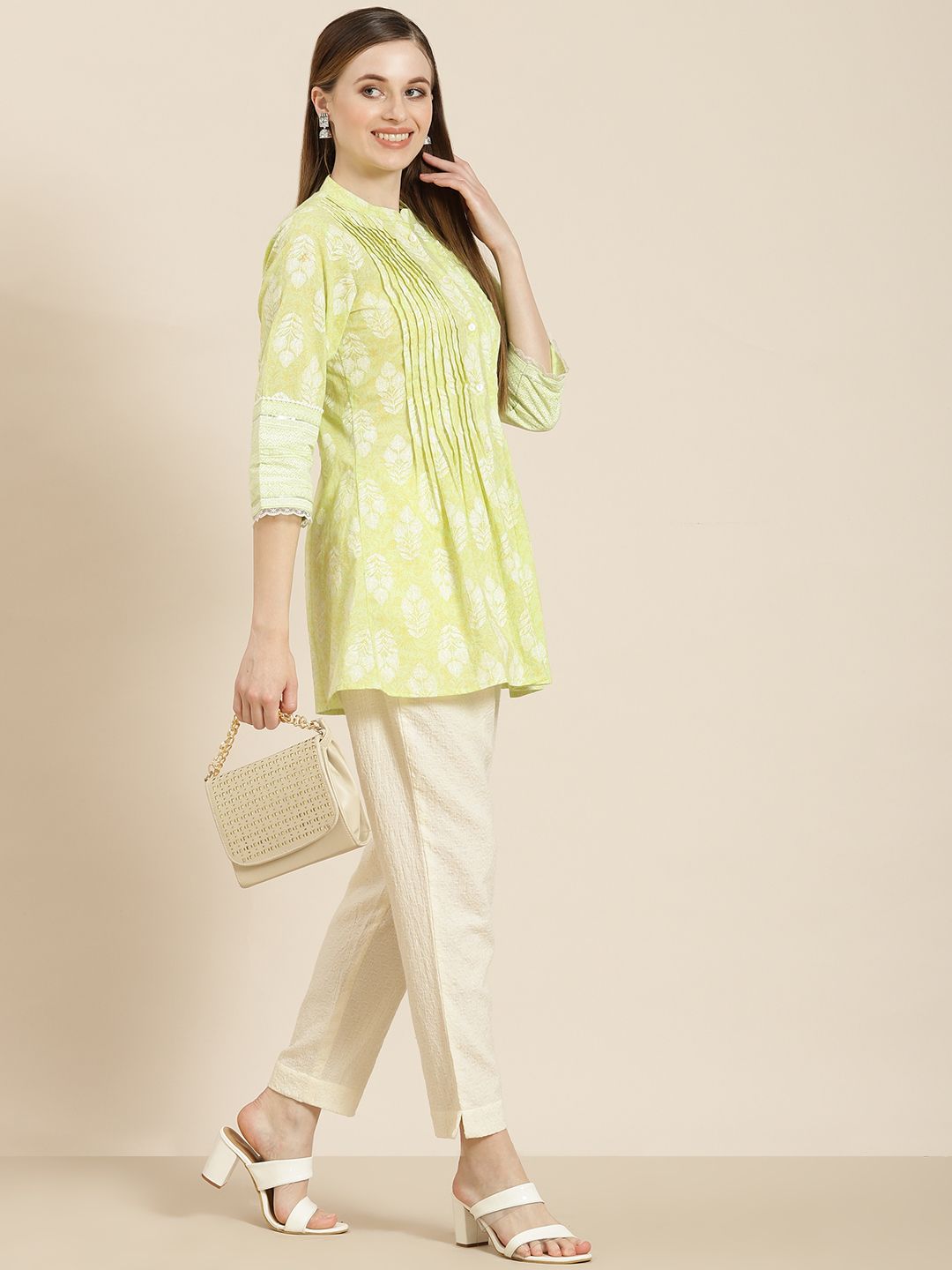 Juniper Lime Green Mandarin Collar Printed Tunic Price in India