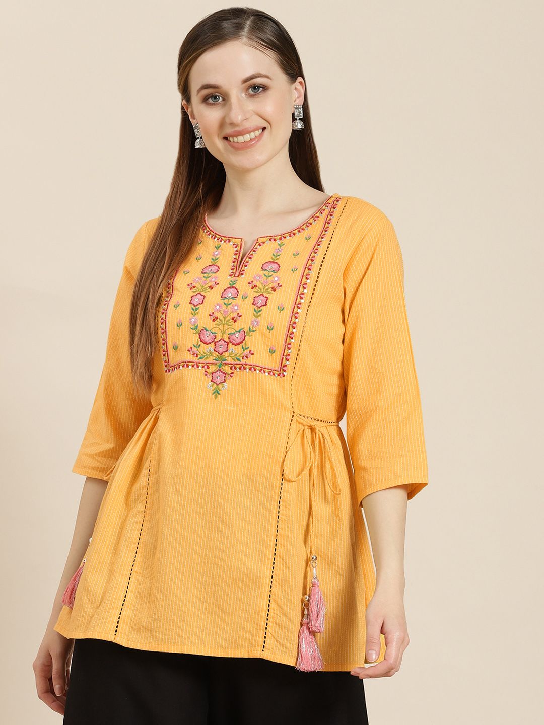 Juniper Yellow & Red Embroidered Tunic Price in India