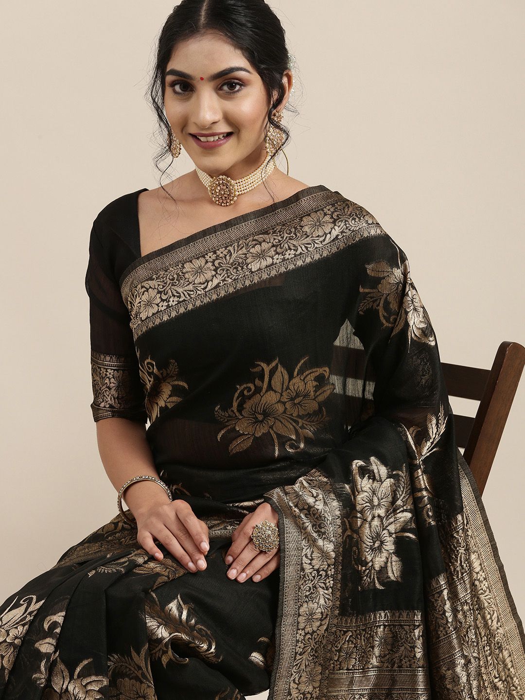 Saree mall Black Floral Linen Blend Banarasi Saree Price in India