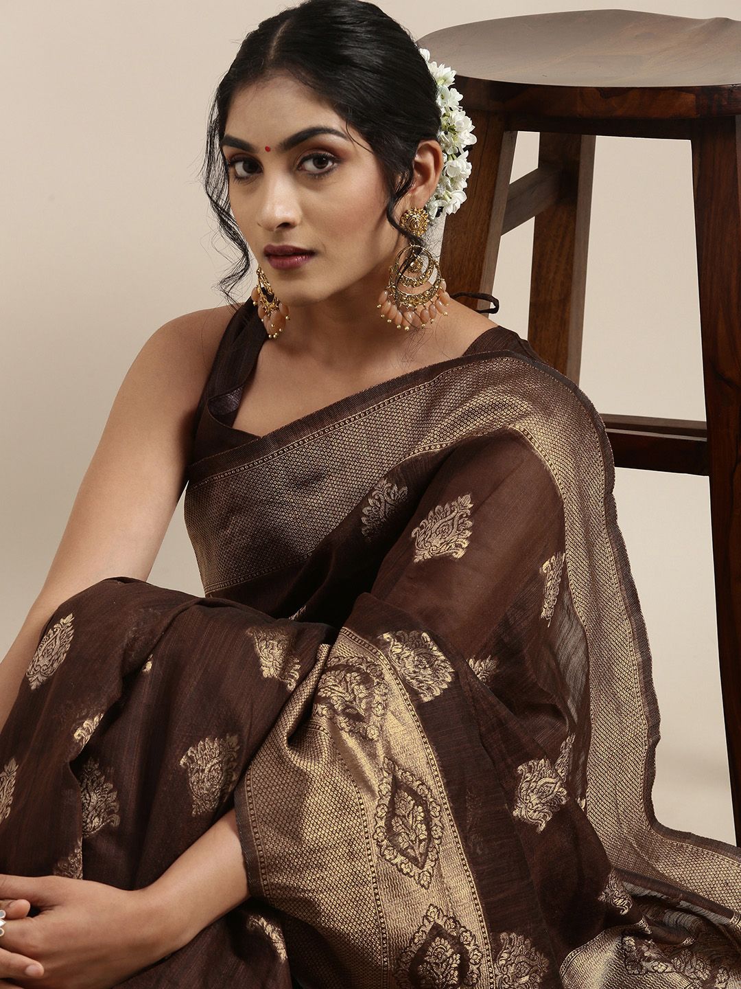 Saree mall Brown Ethnic Motifs Linen Blend Banarasi Saree Price in India