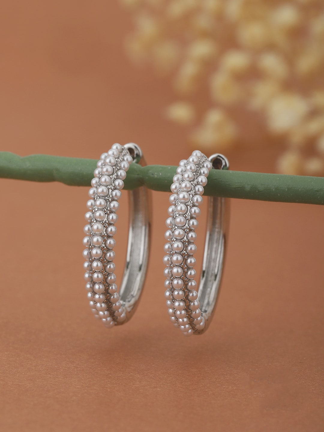 Carlton London Silver-Toned & Off-White Rhodium-Plated Beaded Circular Hoops Price in India