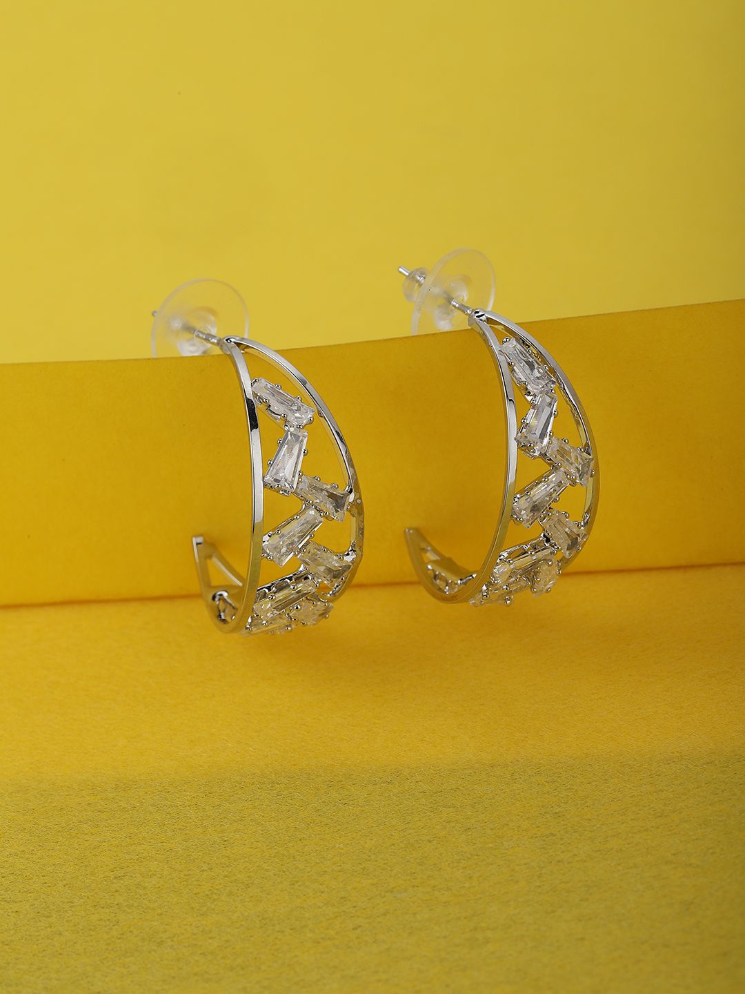 Carlton London Silver-Toned Contemporary Half Hoop Earrings Price in India