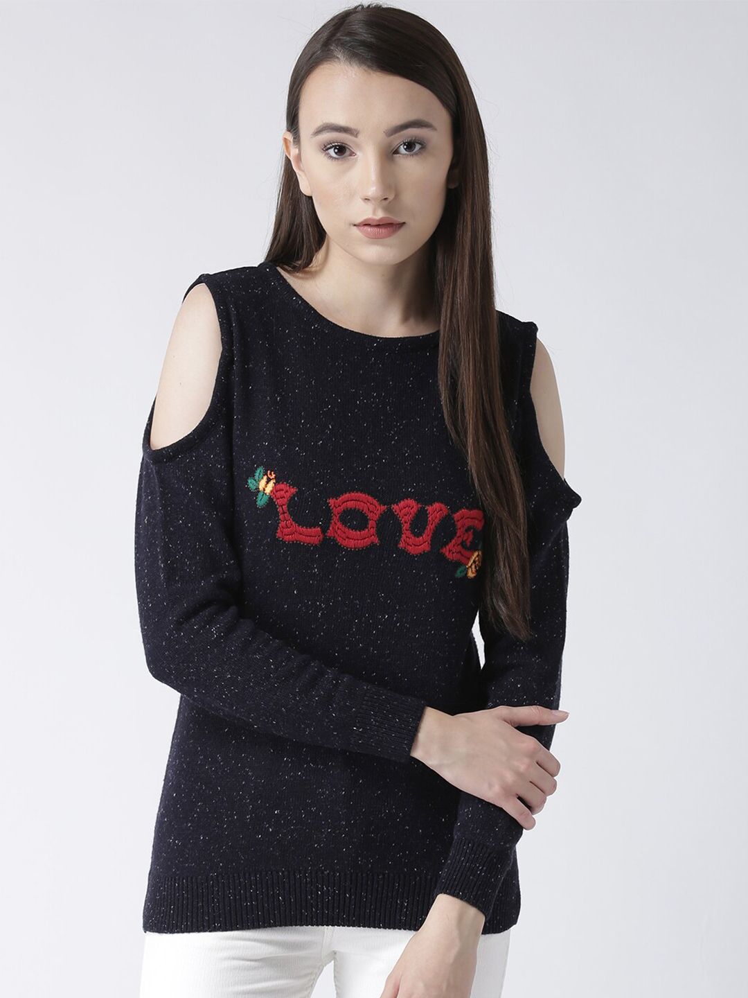 Club York Women Navy Blue & Red Acrylic Typography Printed Cold- Shoulder Pullover Price in India
