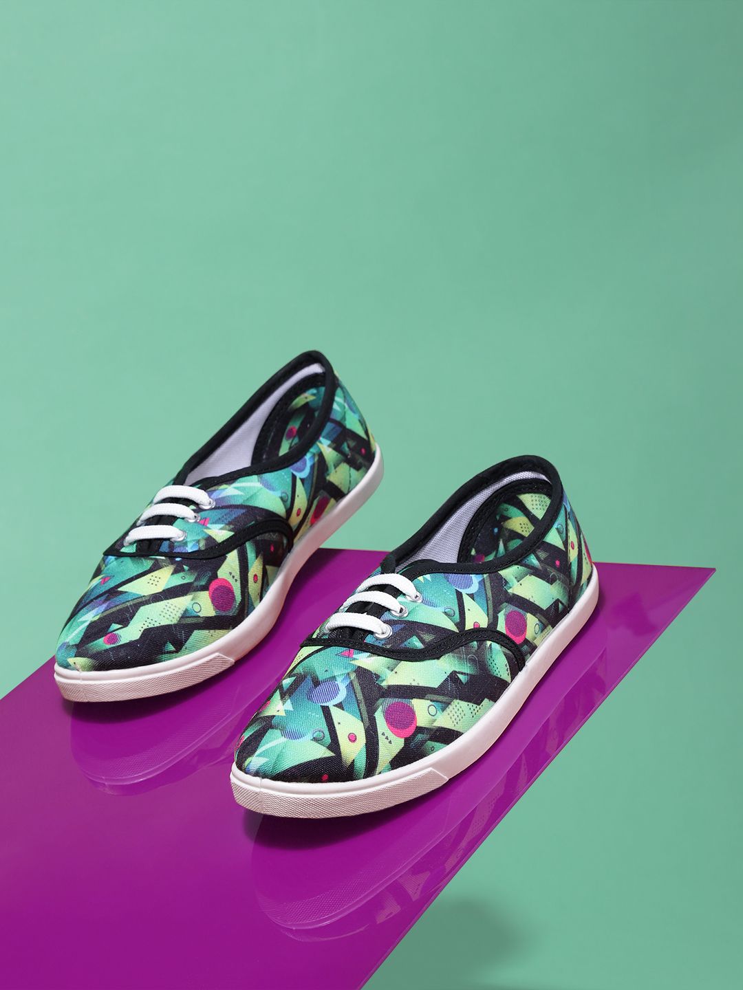 Kook N Keech Women Black & Green Geometric Printed Sneakers Price in India