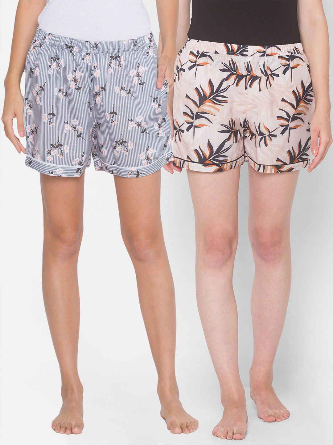 FashionRack Women Pack Of 2 Grey & Beige Printed Lounge Shorts Price in India