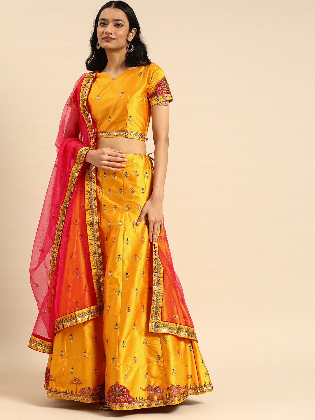 Shaily Mustard & Pink Embroidered Thread Work Semi-Stitched Lehenga & Unstitched Blouse With Dupatta Price in India