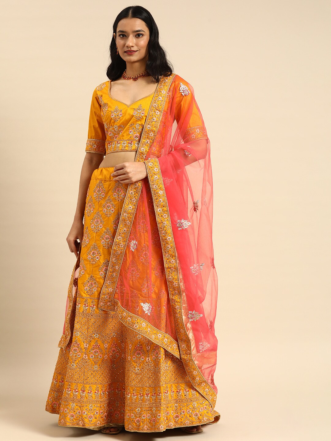 Shaily Mustard Yellow Embellished Semi-Stitched Lehenga & Unstitched Blouse With Dupatta Price in India