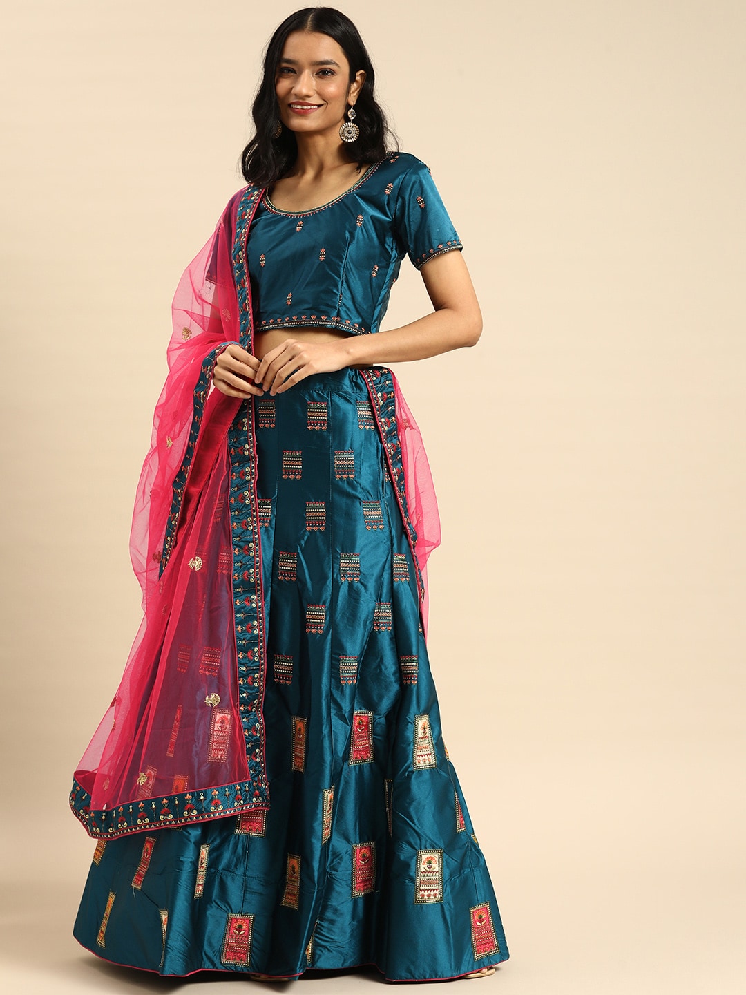 Shaily Blue & Pink Embroidered Thread Work Semi-Stitched Lehenga & Unstitched Blouse With Dupatta Price in India