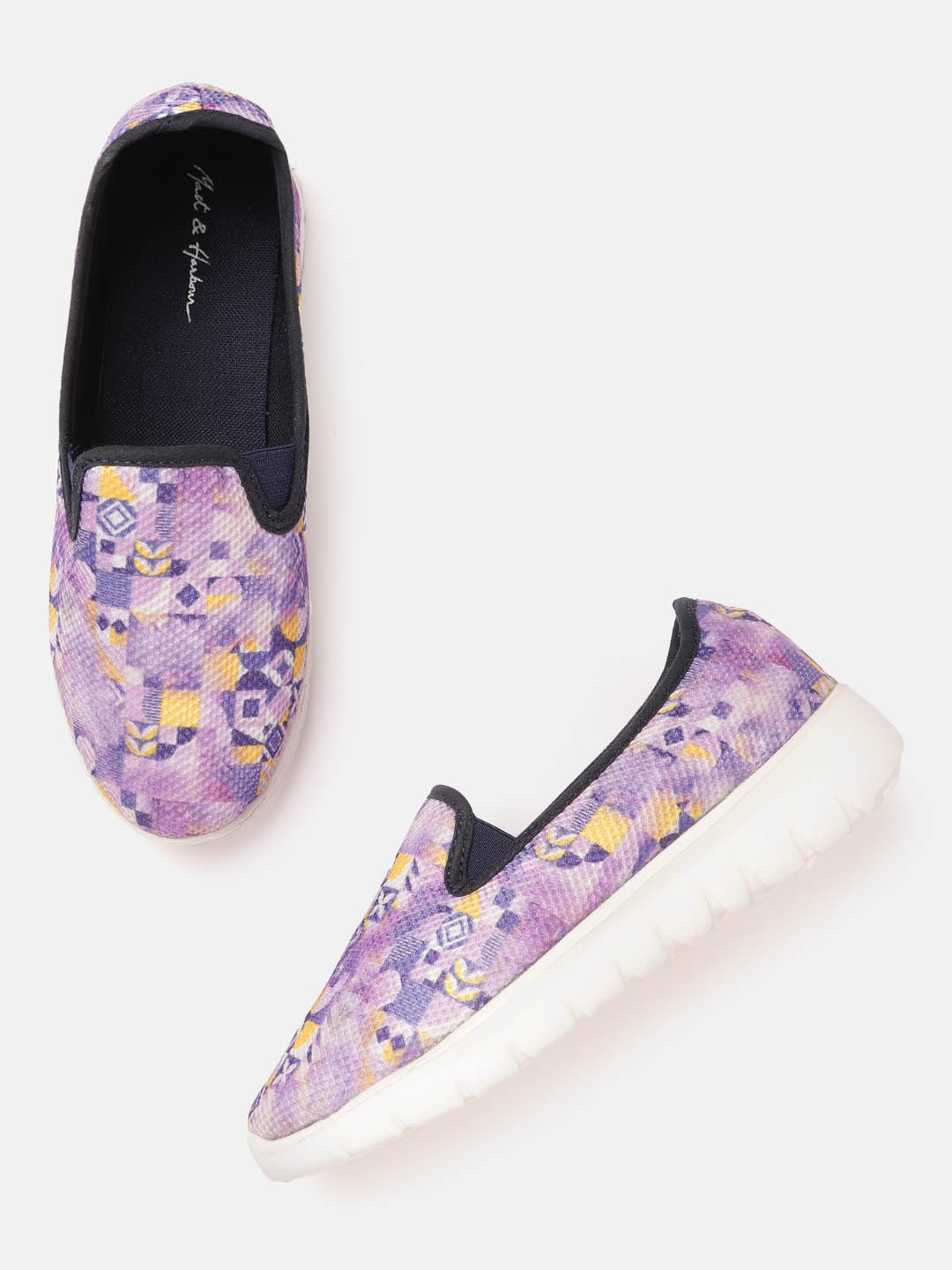 Mast & Harbour Women Purple & Yellow Printed Slip-On Sneakers Price in India