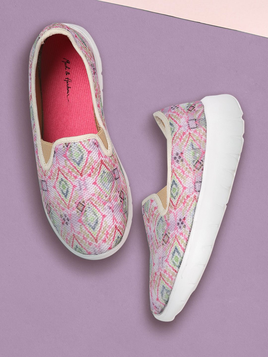 Mast & Harbour Women Pink & Green Geometric Print Slip-On Sneakers Price in India