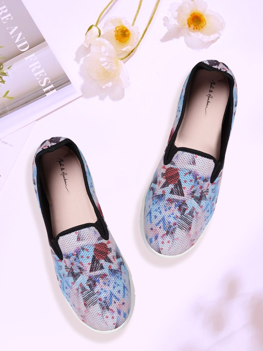 Mast & Harbour Women Blue & Pink Abstract Print Slip-On Sneakers Price in India