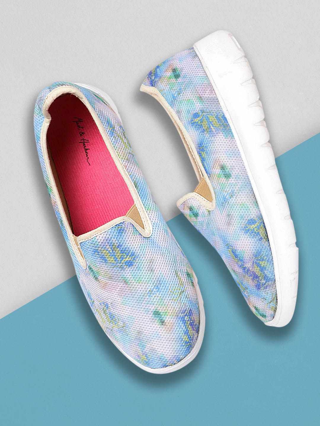 Mast & Harbour Women Blue & Green Printed Slip-On Sneakers Price in India