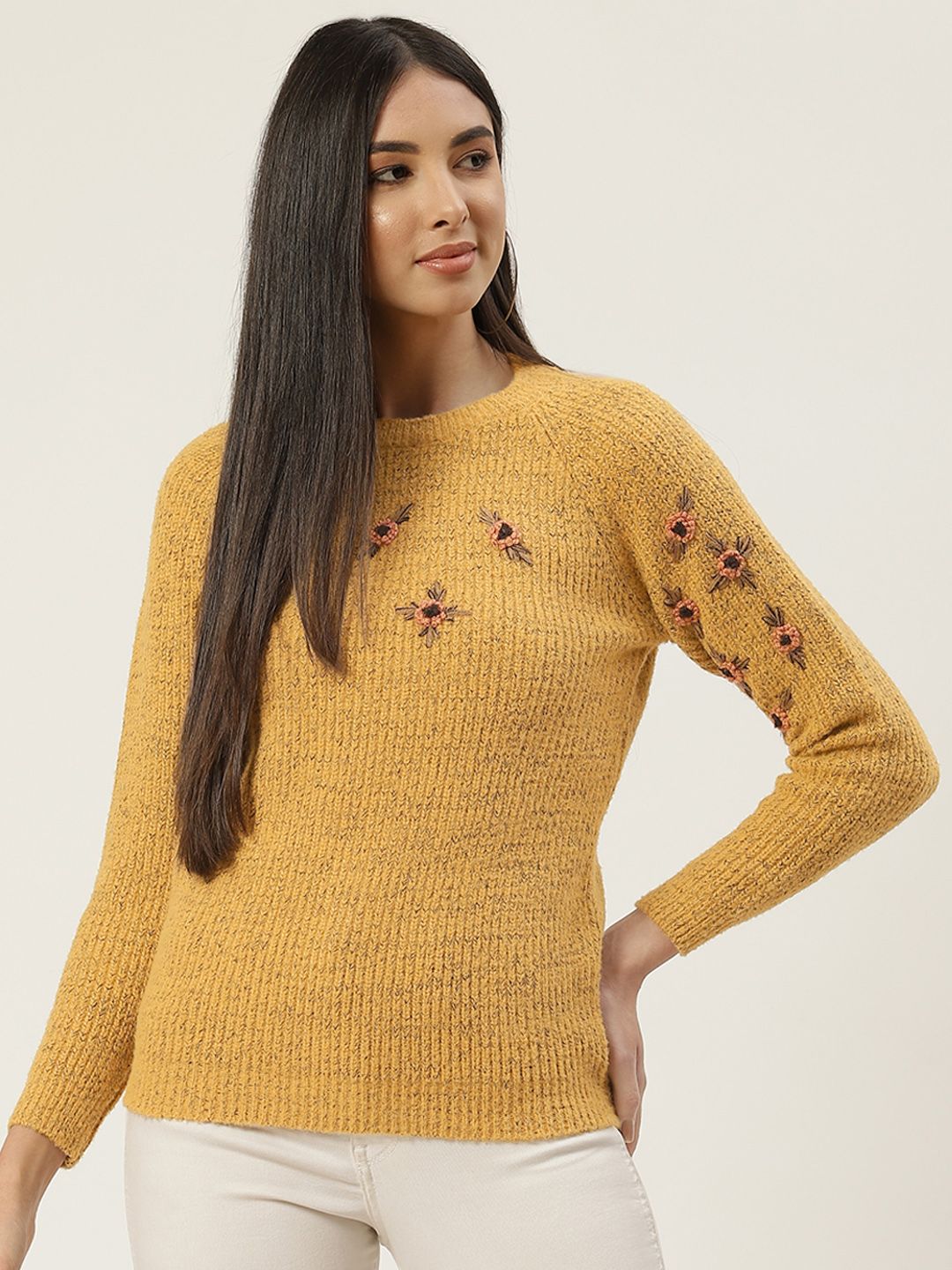 BROOWL Women Mustard & Orange Floral Embroidered Pullover Price in India