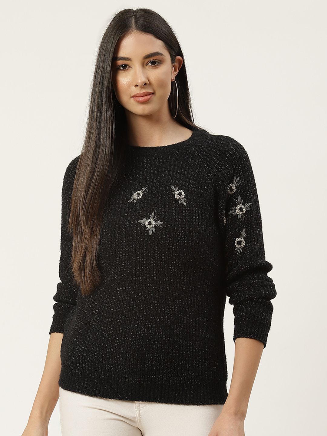 BROOWL Women Black & Grey Floral Embroidered Pullover Price in India
