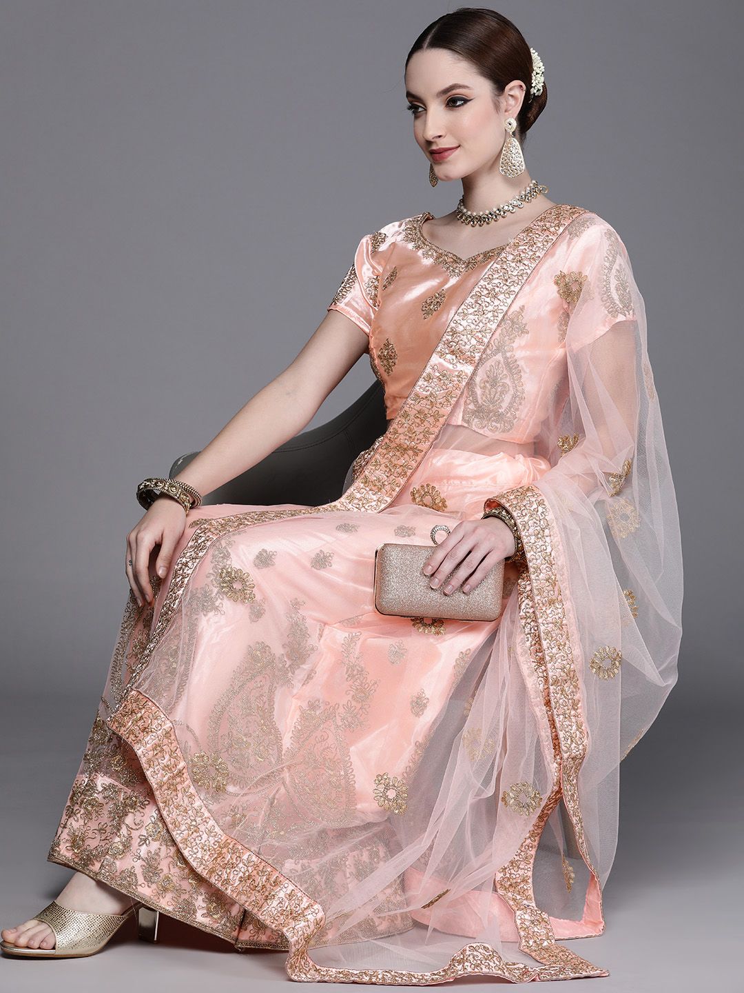 Mitera Pink & Beige Embroidered Semi-Stitched Lehenga & Unstitched Blouse With Dupatta Price in India