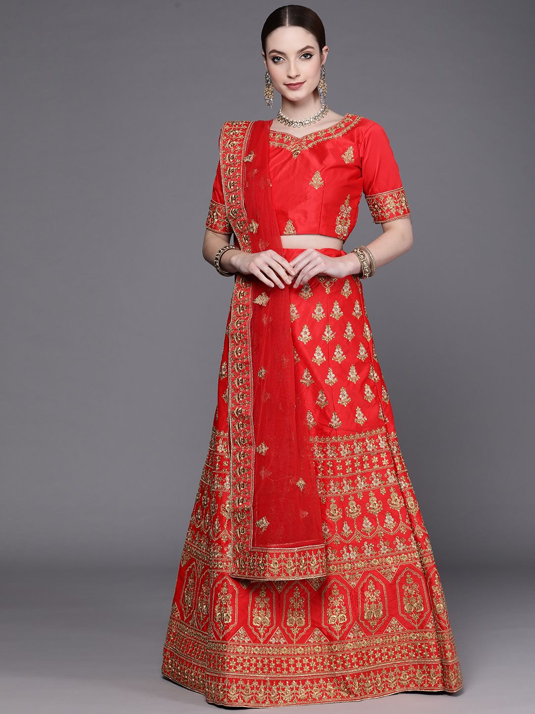Mitera Red & Gold-Toned Semi-Stitched Lehenga & Unstitched Blouse With Dupatta Price in India