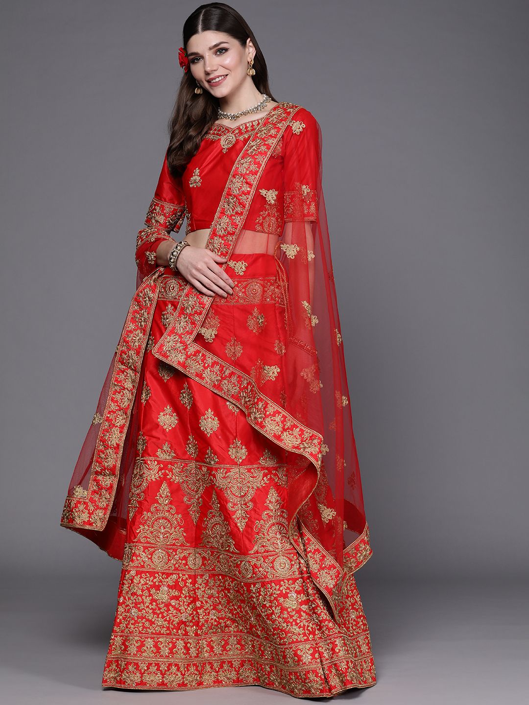 Mitera Red & Golden Embroidered Semi-Stitched Lehenga & Unstitched Blouse with Dupatta Price in India