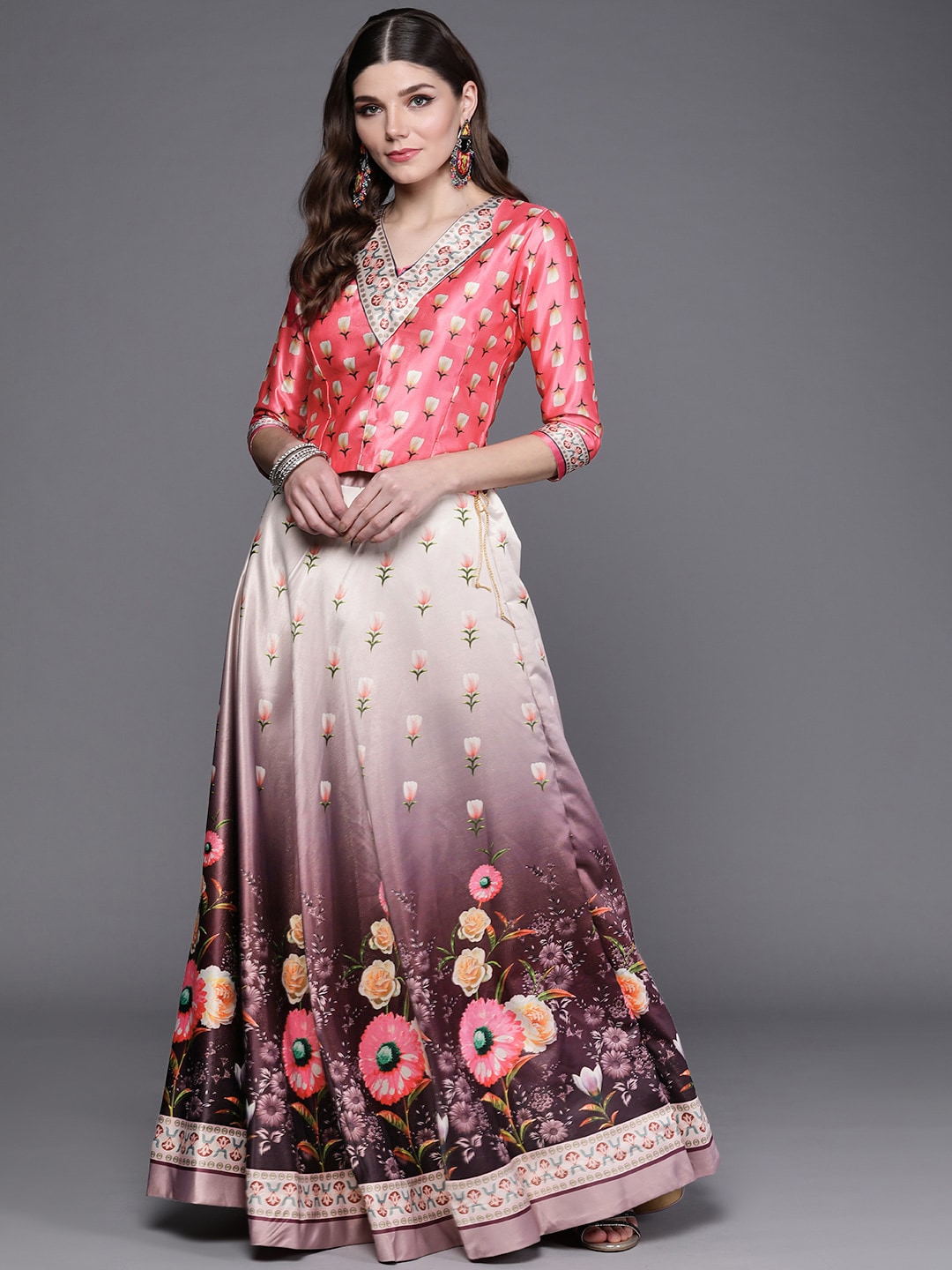 Mitera Pink & Off White Block Print Semi-Stitched Lehenga & Unstitched Blouse Price in India