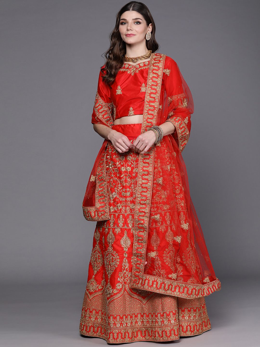 Mitera Red & Gold-Toned Semi-Stitched Lehenga & Unstitched Blouse With Dupatta Price in India