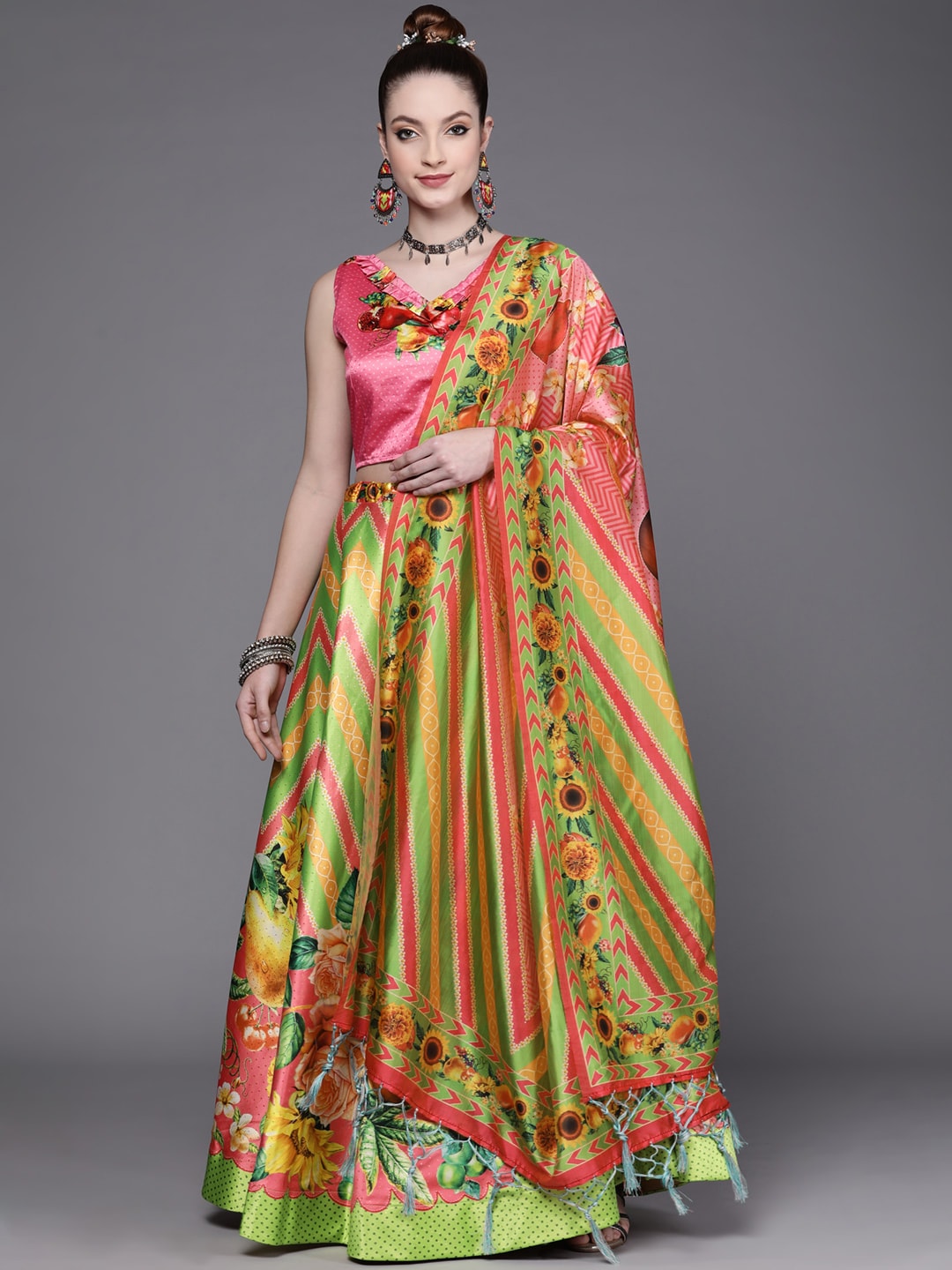 Mitera Green & Pink Block Print Zari Semi-Stitched Lehenga & Unstitched Blouse Dupatta Price in India