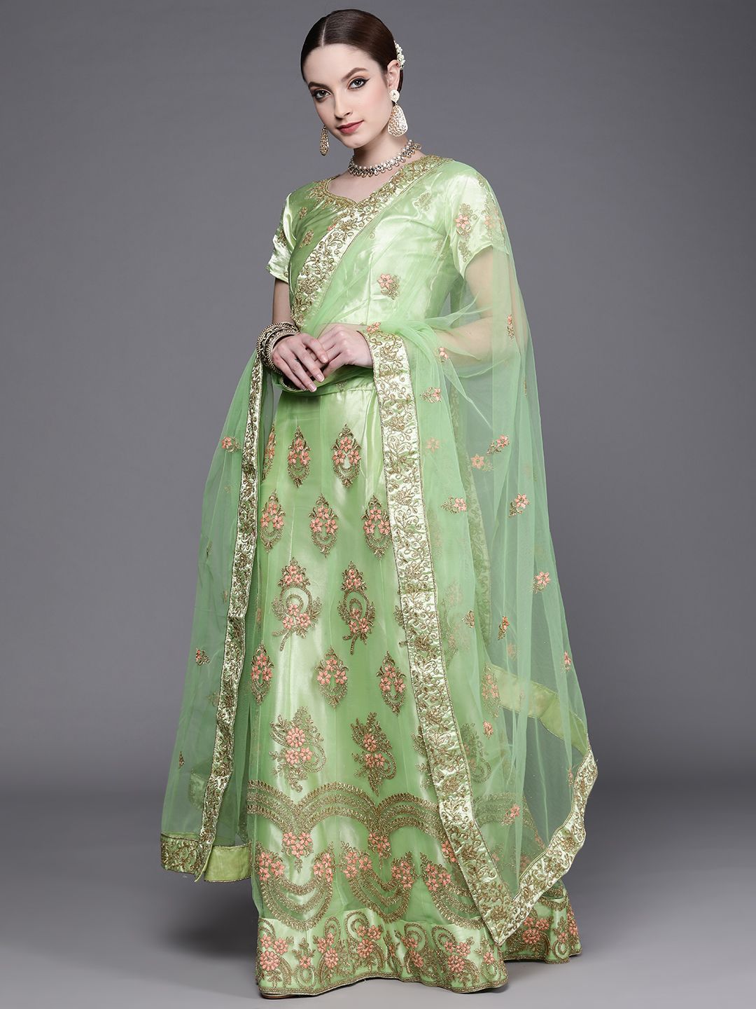 Mitera Green & Pink Embroidered Semi-Stitched Lehenga & Unstitched Blouse With Dupatta Price in India