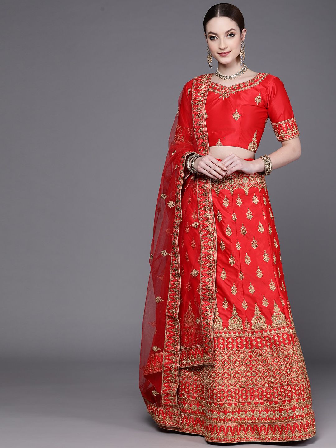 Mitera Red & Gold-Toned Embroidered Sequinned Semi-Stitched Lehenga & Unstitched Blouse With Dupatta Price in India