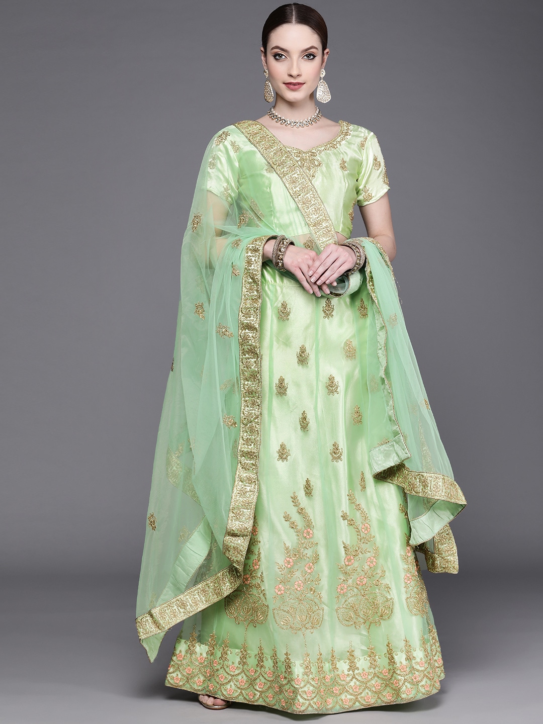 Mitera Green & Golden Embroidered Semi-Stitched Lehenga & Unstitched Blouse With Dupatta Price in India