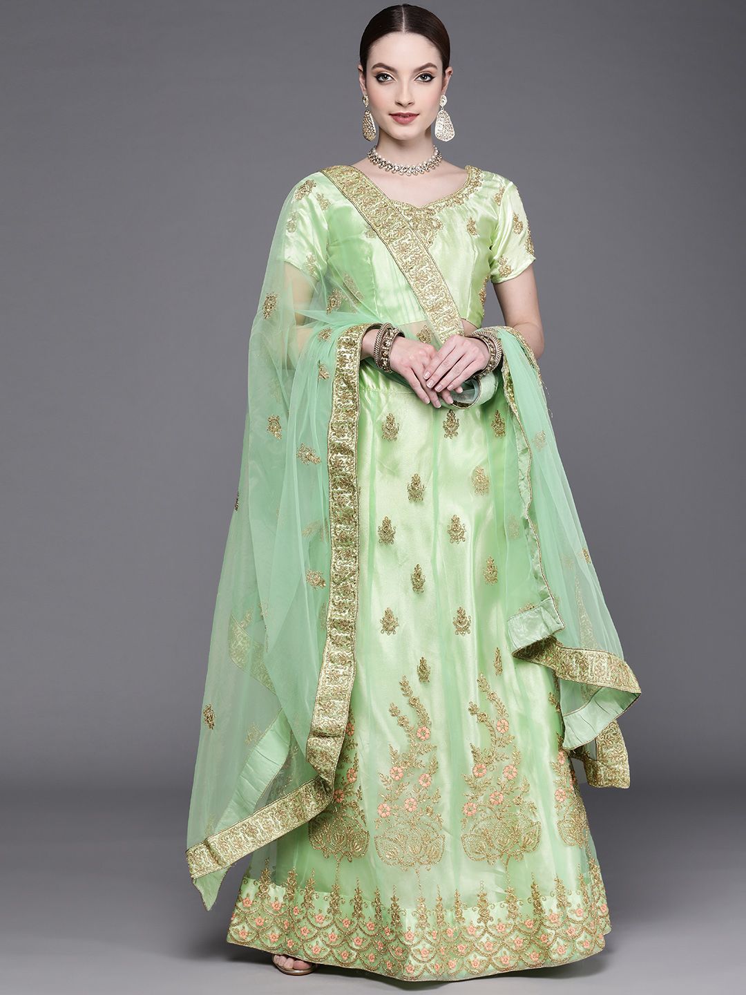 Mitera Green & Golden Embroidered Semi-Stitched Lehenga & Unstitched Blouse With Dupatta