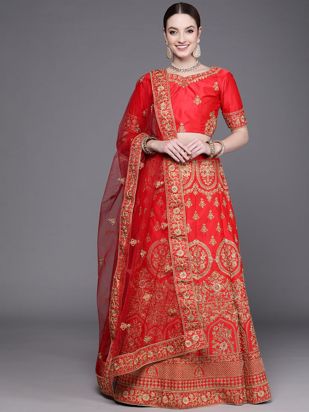 Mitera Red & Golden Embroidered Semi-Stitched Lehenga & Unstitched Blouse With Dupatta Price in India