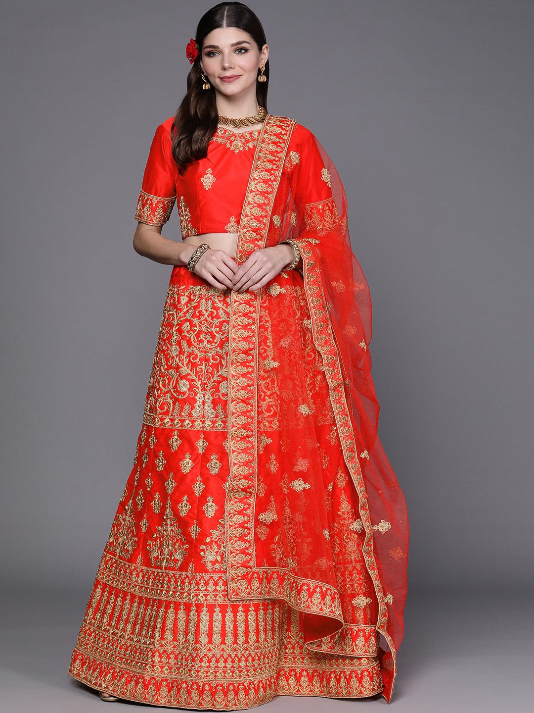 Mitera Red & Golden Embroidered Semi-Stitched Lehenga & Unstitched Blouse With Dupatta Price in India