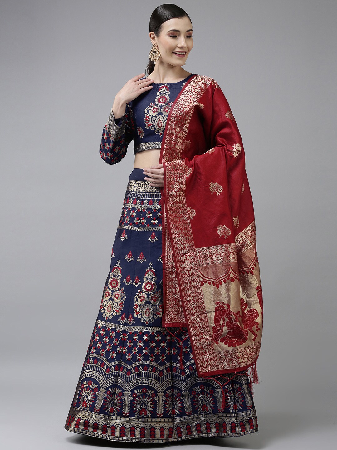 DIVASTRI Red & Blue Woven Design Semi-Stitched Lehenga & Unstitched Blouse With Dupatta Price in India