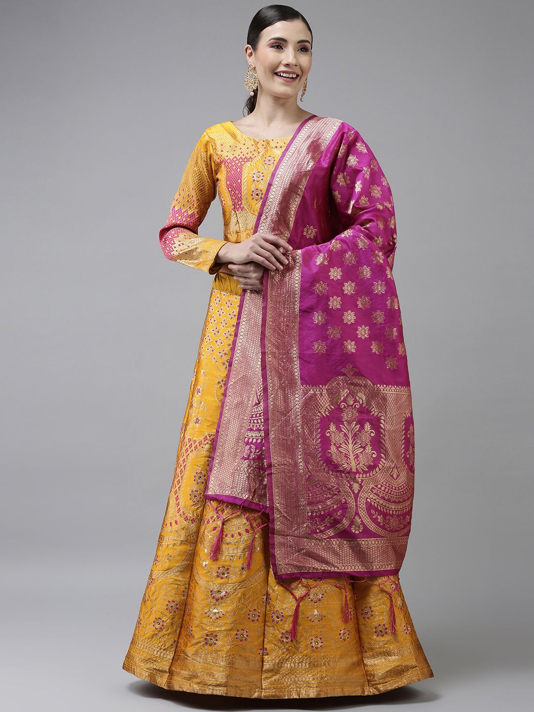 DIVASTRI Yellow & Pink Semi-Stitched Lehenga & Unstitched Blouse With Dupatta Price in India