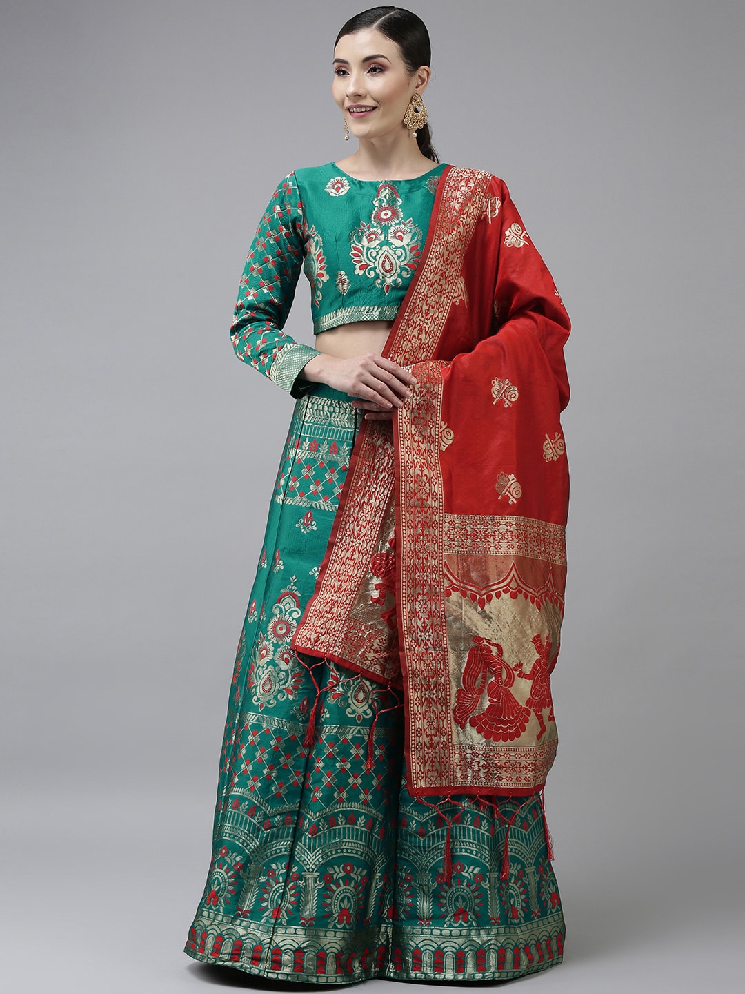 DIVASTRI Green & Red Semi-Stitched Lehenga & Unstitched Blouse With Dupatta Price in India