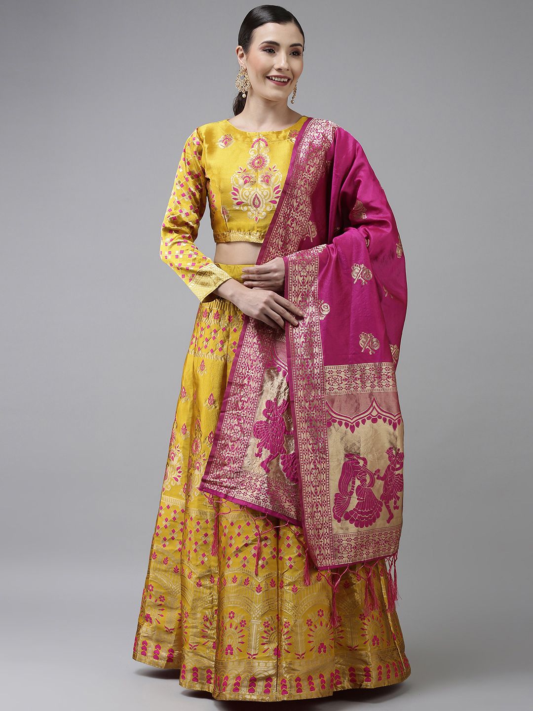 DIVASTRI Yellow & Purple Semi-Stitched Lehenga & Unstitched Blouse With Dupatta Price in India