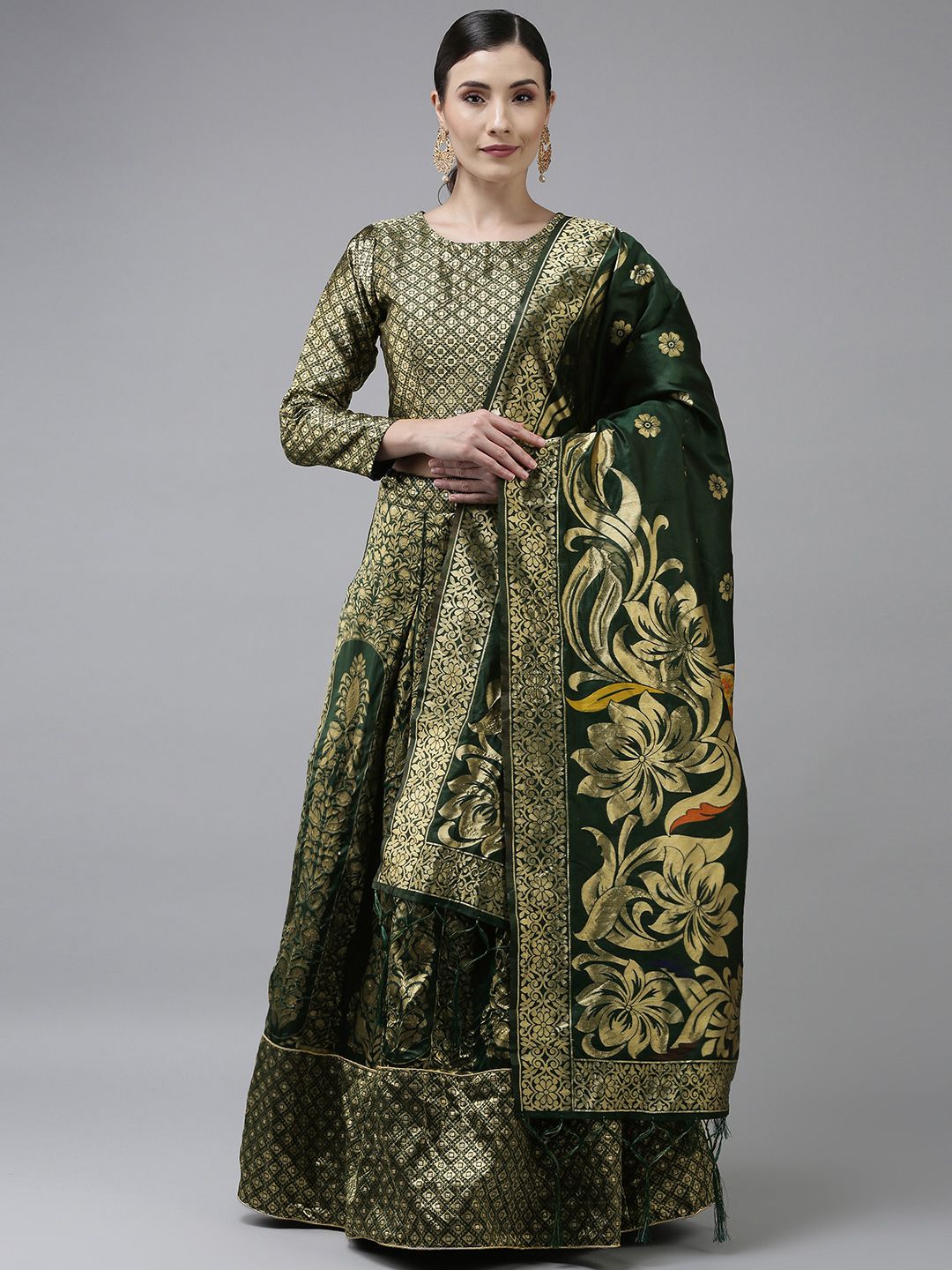 DIVASTRI Green & Gold-Toned Semi-Stitched Lehenga & Unstitched Blouse With Dupatta Price in India