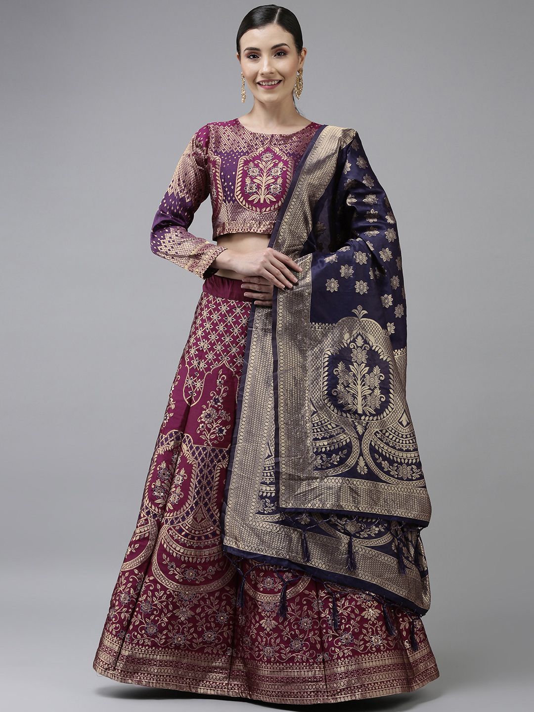 DIVASTRI Purple & Navy Blue Sequinned Semi-Stitched Lehenga & Unstitched Blouse With Dupatta Price in India