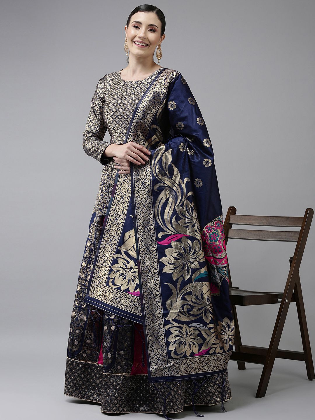 DIVASTRI Navy Blue & Gold-Coloured Semi-Stitched Lehenga & Unstitched Blouse With Dupatta Price in India