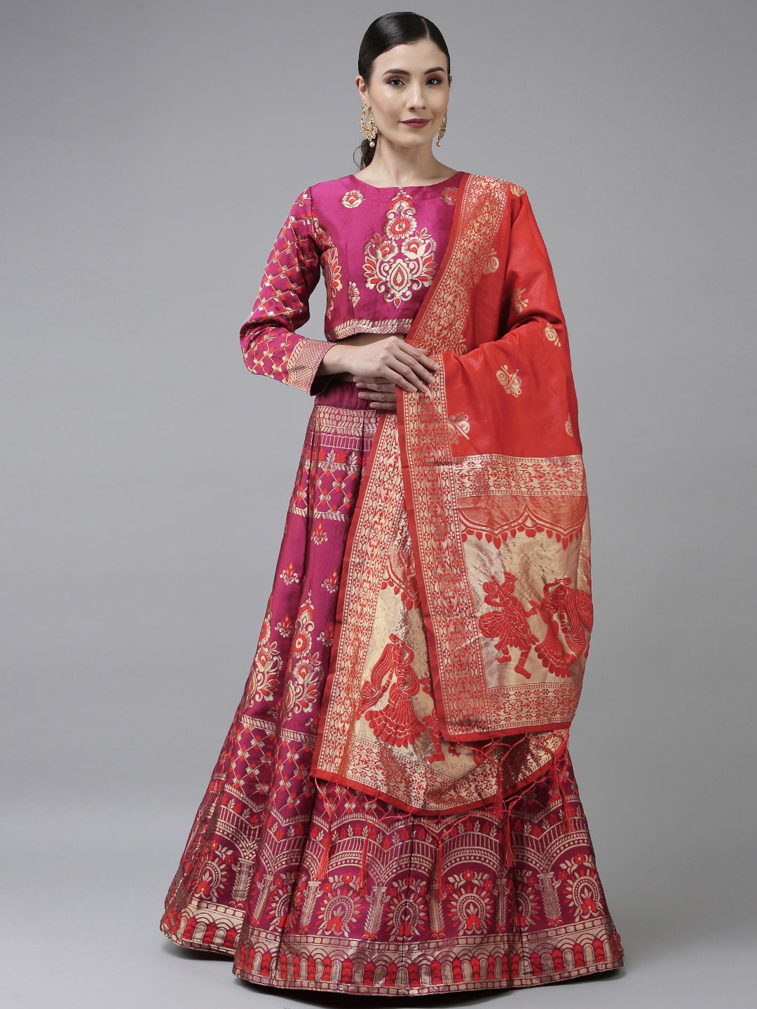DIVASTRI Red & Purple Thread Work Semi-Stitched Lehenga & Unstitched Blouse With Dupatta Price in India