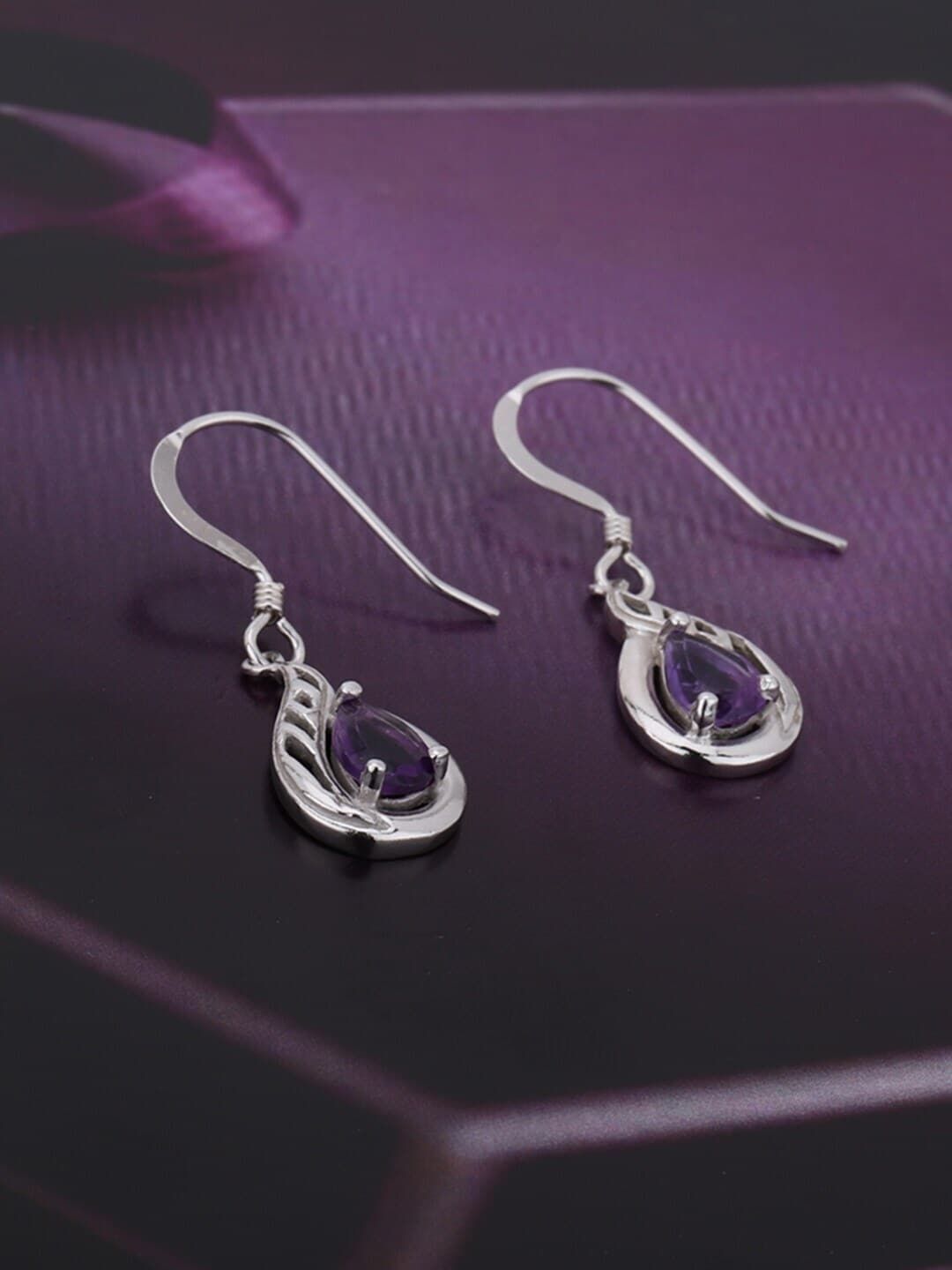 VANBELLE 925 Rhodium-Plated Sterling Silver Purple Teardrop Shaped Drop Earrings Price in India