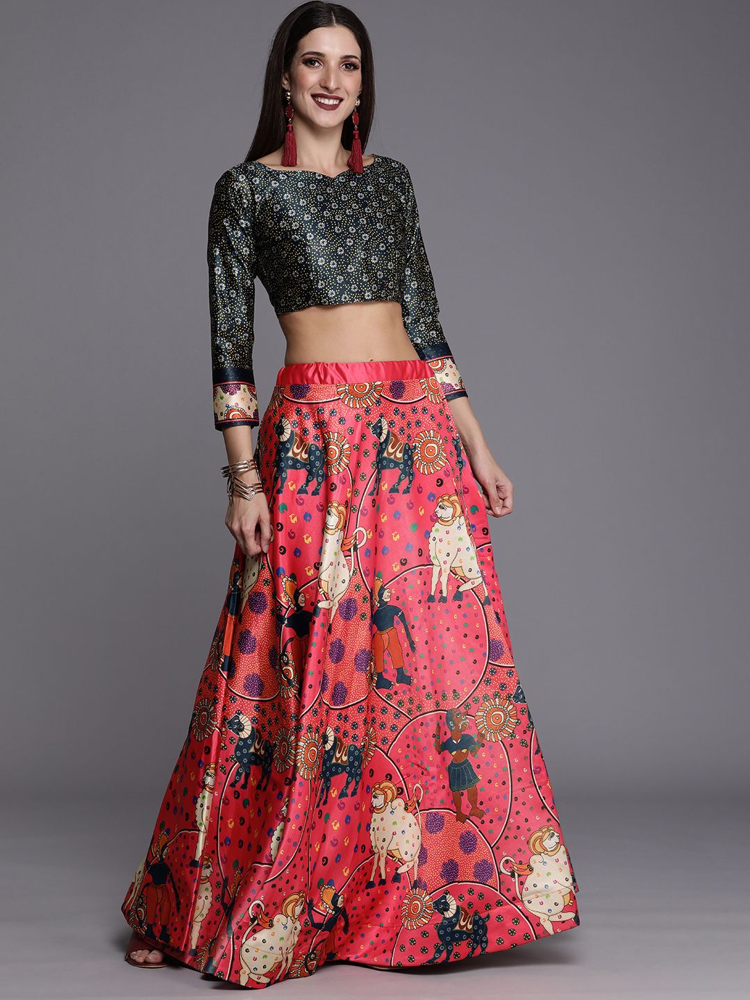 Mitera Pink Printed Kalamkari Semi-Stitched Lehenga & Unstitched Price in India