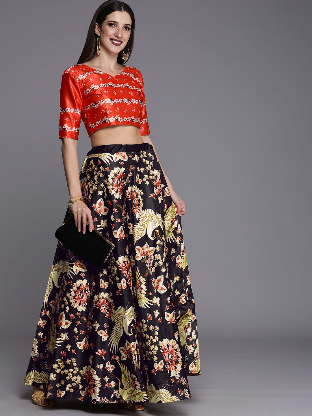 Mitera Women Navy Blue & Red Printed Kalamkari Semi-Stitched Lehenga & Blouse Price in India