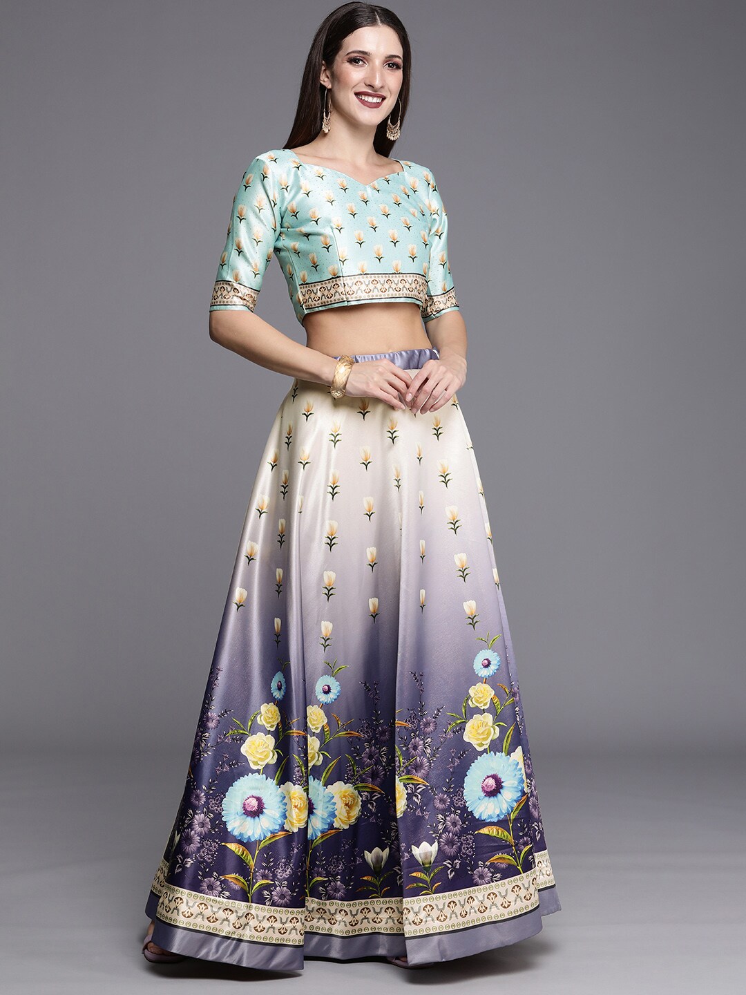 Mitera Women Violet & Turquoise Blue Printed Kalamkari Semi-Stitched Lehenga & Blouse Price in India